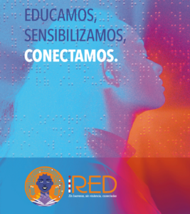 Detalle de banner de sensibilización para redes con fuertes contrastes para producir vibración en los colores, que replican la dificultad en la visión que tienen las mujeres de la audiencia.