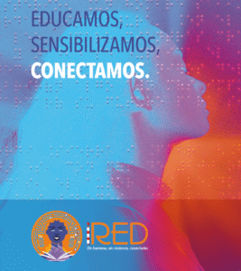 Detalle de banner de sensibilización para redes con fuertes contrastes para producir vibración en los colores, que replican la dificultad en la visión que tienen las mujeres de la audiencia.